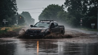 outdoors,sky,cloud,water,tree,no humans,grass,ground vehicle,nature,scenery,motor vehicle,forest,reflection,rain,sign,realistic,car,road,bush,vehicle focus,power lines,lamppost,utility pole,road sign,puddle,grey sky,sports car,cloudy sky