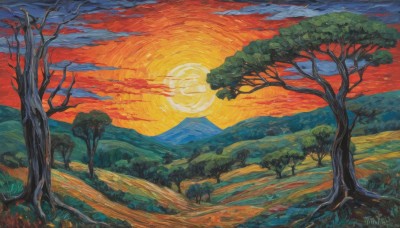 outdoors,sky,cloud,tree,no humans,traditional media,moon,cloudy sky,grass,nature,scenery,forest,sunset,mountain,sun,painting (medium),bare tree,landscape,orange sky,red sky