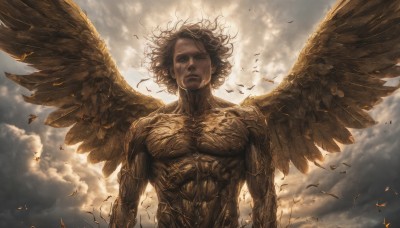 solo,looking at viewer,short hair,brown hair,black hair,1boy,closed mouth,closed eyes,upper body,male focus,outdoors,wings,sky,cloud,bird,cloudy sky,feathers,feathered wings,backlighting,curly hair,realistic,arms at sides,angel,multiple wings,spread wings,nude,muscular,wind,messy hair,veins,angel wings,large wings