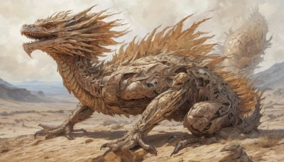 solo,open mouth,red eyes,tail,outdoors,sky,teeth,day,cloud,from side,no humans,fangs,sharp teeth,claws,science fiction,monster,mountain,sand,dragon,scales,desert,dinosaur,rock,realistic,dust,kaijuu