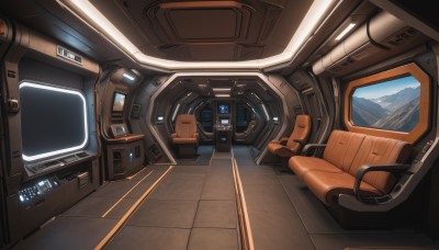 indoors,no humans,window,scenery,reflection,science fiction,mountain,cable,tile floor,spacecraft,cockpit,seat,sky,cloud,water,realistic,monitor,planet,screen