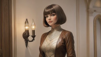 1girl,solo,breasts,looking at viewer,short hair,bangs,brown hair,black hair,brown eyes,medium breasts,closed mouth,jacket,upper body,indoors,blunt bangs,blurry,lips,bob cut,brown jacket,nose,door,candle,smile,long sleeves,open clothes,open jacket,makeup,blurry background,red lips,candlestand,candlelight