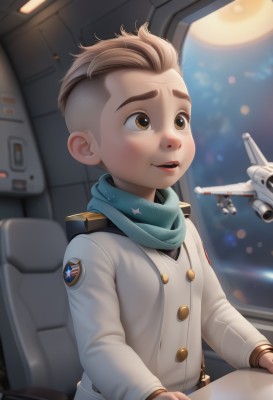 solo,smile,short hair,open mouth,brown hair,long sleeves,1boy,brown eyes,sitting,jacket,male focus,multicolored hair,parted lips,teeth,indoors,scarf,uniform,lips,military,window,upper teeth only,robot,child,freckles,science fiction,realistic,aircraft,airplane,space,male child,blue scarf,planet,spacecraft,spacesuit,cockpit,pilot,astronaut,blush,blonde hair,upper body,artist name,buttons,moon,aged down,star (sky),emblem,badge,patch,soviet