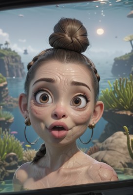 1girl,solo,long hair,looking at viewer,open mouth,brown hair,brown eyes,jewelry,braid,earrings,outdoors,sky,teeth,day,water,hair bun,blurry,lips,wet,blurry background,ocean,upper teeth only,single hair bun,portrait,partially submerged,freckles,fish,veins,wide-eyed,rock,underwater,sun,coral,collarbone,tongue,eyelashes,nose,partially underwater shot