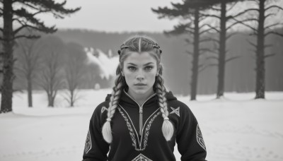 1girl,solo,long hair,looking at viewer,closed mouth,monochrome,upper body,braid,greyscale,multicolored hair,outdoors,hood,blurry,twin braids,tree,lips,blurry background,nature,snow,freckles,realistic,winter,multiple braids,pine tree,bangs,long sleeves,twintails,jacket,alternate costume,crown,bare tree