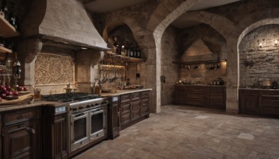 indoors,no humans,window,table,bottle,scenery,wooden floor,stairs,fantasy,door,lamp,candle,shelf,kitchen,wine bottle,counter,barrel,candlestand,cabinet,chandelier,crate,food,chair,wine,ceiling,still life,arch