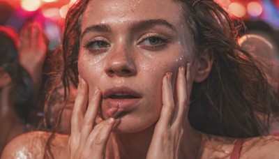 1girl,solo,long hair,looking at viewer,open mouth,brown hair,black hair,brown eyes,parted lips,teeth,solo focus,tongue,dark skin,tongue out,blurry,dark-skinned female,lips,wet,hands up,eyelashes,depth of field,blurry background,portrait,close-up,freckles,realistic,nose,multiple girls,bare shoulders,licking