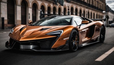 outdoors,cloud,blurry,no humans,blurry background,shadow,ground vehicle,building,motor vehicle,car,road,vehicle focus,street,wheel,sports car,solo