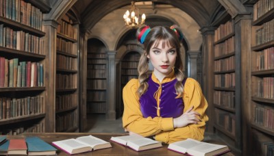 1girl,solo,long hair,looking at viewer,bangs,brown hair,shirt,black hair,long sleeves,ribbon,upper body,braid,parted lips,puffy sleeves,indoors,hair bun,nail polish,black eyes,vest,twin braids,lips,grey eyes,book,double bun,makeup,crossed arms,table,lipstick,juliet sleeves,yellow shirt,paper,open book,bookshelf,red lips,candle,book stack,library,candlestand,hair ornament,brown eyes,jewelry,sitting,earrings,black nails,realistic