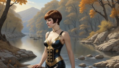 1girl,solo,breasts,short hair,brown hair,cleavage,bare shoulders,brown eyes,jewelry,medium breasts,collarbone,outdoors,parted lips,sleeveless,day,water,necklace,tree,lips,bare arms,makeup,leaf,nature,corset,forest,rock,mountain,realistic,aircraft,nose,red lips,autumn leaves,watercraft,river,lake,stream,blush,bangs,dress,earrings,sky,artist name,profile,looking away,lipstick,scenery