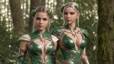 long hair,breasts,looking at viewer,blue eyes,multiple girls,blonde hair,hair ornament,dress,2girls,cleavage,brown eyes,jewelry,medium breasts,upper body,braid,white hair,pointy ears,necklace,armor,blurry,tree,lips,blurry background,elf,shoulder armor,nature,breasts apart,dual persona,green dress,pauldrons,realistic,large breasts,grey hair,grey eyes,forest,fantasy,shoulder pads