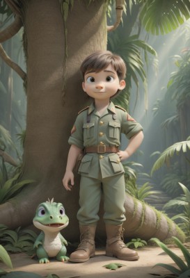 solo,looking at viewer,smile,short hair,brown hair,1boy,brown eyes,closed mouth,standing,full body,male focus,boots,outdoors,day,belt,pants,uniform,black eyes,tree,hand on hip,military,military uniform,leaf,brown footwear,sunlight,plant,child,nature,sleeves rolled up,forest,pocket,light rays,male child,dinosaur,black hair,short sleeves,pokemon (creature),fangs,watermark