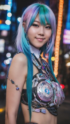 1girl,solo,long hair,looking at viewer,smile,bangs,bare shoulders,jewelry,blue hair,upper body,pink hair,multicolored hair,earrings,midriff,mole,blurry,black eyes,two-tone hair,lips,aqua hair,makeup,detached collar,blurry background,science fiction,realistic,breasts,purple hair,green hair,cable