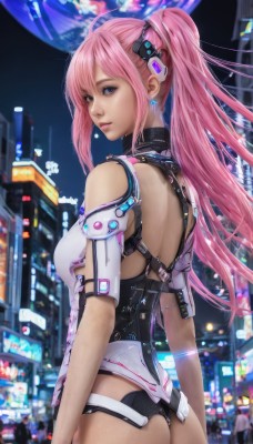 1girl,solo,long hair,breasts,looking at viewer,bangs,blue eyes,hair ornament,bare shoulders,twintails,jewelry,medium breasts,standing,ponytail,pink hair,ass,cowboy shot,earrings,looking back,from behind,blurry,leotard,lips,clothing cutout,bodysuit,makeup,headgear,back,building,science fiction,city,arms at sides,closed mouth,sidelocks,small breasts,outdoors,night,cityscape,city lights,cyberpunk