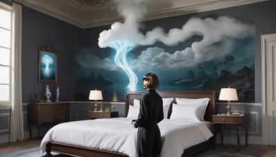 1girl,solo,smile,short hair,brown hair,long sleeves,dress,brown eyes,standing,sky,looking back,cloud,indoors,from behind,black dress,tree,cup,pillow,book,window,bed,night,on bed,chair,table,bob cut,cloudy sky,curtains,scenery,smoke,wooden floor,lamp,candle,bedroom,wide shot,picture frame,painting (object),drawer,chest of drawers,black hair,holding,candlestand