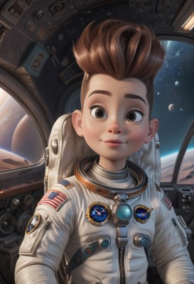 1girl,solo,looking at viewer,smile,short hair,brown hair,1boy,brown eyes,closed mouth,upper body,lips,child,star (sky),freckles,realistic,space,planet,earth (planet),american flag,spacesuit,astronaut,male focus,artist name,spiked hair,zipper,nose,emblem,badge,dirty,japanese flag