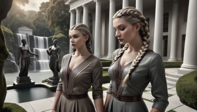 long hair,breasts,blue eyes,multiple girls,blonde hair,dress,2girls,cleavage,medium breasts,closed mouth,closed eyes,braid,outdoors,belt,sword,3girls,water,tree,lips,single braid,makeup,siblings,sisters,pale skin,hair over shoulder,braided ponytail,robe,pillar,waterfall,statue,column,fountain,1girl,brown hair,long sleeves,1boy,standing,collarbone,parted lips,day,twin braids,sash,sunlight,lipstick,red lips,brown belt,grey dress,architecture