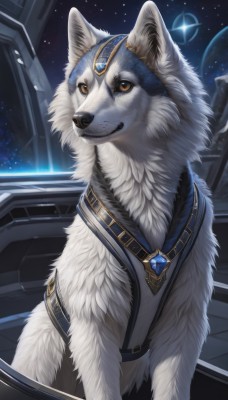 solo,smile,brown eyes,jewelry,yellow eyes,sky,belt,no humans,animal,gem,star (sky),night sky,starry sky,dog,space,animal focus,planet,wolf,blue gemstone,looking at viewer,teeth,necklace,night,crystal,realistic