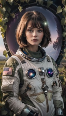 1girl,solo,looking at viewer,short hair,bangs,brown hair,gloves,long sleeves,brown eyes,upper body,parted lips,sky,artist name,star (symbol),tree,lips,leaf,bob cut,star (sky),freckles,science fiction,realistic,nose,space,planet,dirty,earth (planet),american flag,spacesuit,japanese flag,astronaut,outdoors,bodysuit,watermark,plant,zipper,emblem,pilot suit,badge,jumpsuit,pilot,space helmet