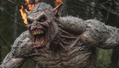 solo,open mouth,red eyes,1boy,upper body,male focus,outdoors,teeth,tongue,pointy ears,blurry,tree,no humans,blurry background,fangs,fire,sharp teeth,nature,forest,colored sclera,monster,veins,realistic,horror (theme)