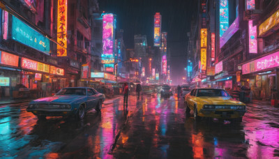 outdoors, sky, no humans, night, ground vehicle, building, scenery, motor vehicle, reflection, rain, city, sign, car, road, cityscape, lamppost, street, puddle, city lights, cyberpunk, neon lights