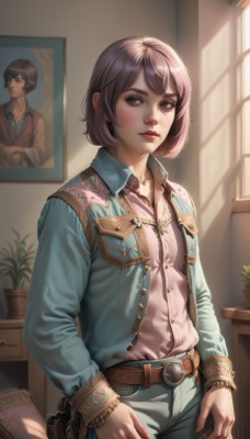 1girl,solo,breasts,looking at viewer,short hair,bangs,blue eyes,brown hair,shirt,long sleeves,brown eyes,closed mouth,standing,collarbone,jacket,weapon,pink hair,purple hair,cowboy shot,parted lips,open clothes,day,collared shirt,belt,pants,artist name,indoors,open jacket,lips,gun,grey eyes,window,dress shirt,makeup,buttons,sunlight,bob cut,plant,denim,wing collar,lipstick,blue jacket,buckle,handgun,freckles,pocket,pink shirt,jeans,belt buckle,realistic,nose,unbuttoned,blue pants,red lips,potted plant,brown belt,holster,undershirt,green pants,jewelry