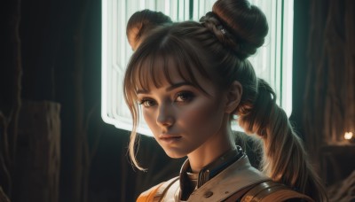 1girl,solo,long hair,looking at viewer,bangs,brown hair,brown eyes,closed mouth,upper body,braid,hair bun,lips,double bun,portrait,realistic,nose,sunlight,backlighting,science fiction,light