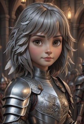 1girl,looking at viewer,short hair,bangs,hair ornament,brown eyes,closed mouth,upper body,grey hair,solo focus,artist name,indoors,armor,blurry,lips,depth of field,blurry background,helmet,feathers,shoulder armor,freckles,pauldrons,breastplate,realistic,nose,fantasy,knight,full armor,chainmail,plate armor,solo,blush,feather hair ornament