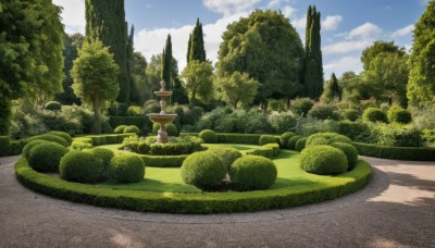 outdoors,sky,day,cloud,tree,blue sky,no humans,shadow,cloudy sky,grass,nature,scenery,forest,rock,road,bush,path,plant,green theme,statue,landscape