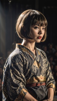 1girl,solo,looking at viewer,short hair,bangs,brown hair,black hair,long sleeves,brown eyes,upper body,parted lips,japanese clothes,solo focus,kimono,blurry,black eyes,lips,sash,makeup,depth of field,blurry background,obi,bob cut,own hands together,lipstick,yukata,realistic,nose,red lips,print kimono,crowd,animal,cat,black background