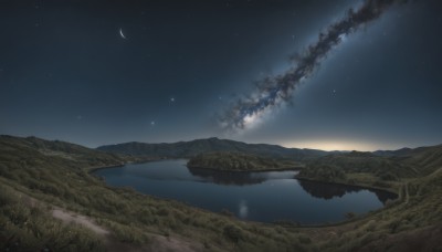 outdoors,sky,cloud,water,tree,no humans,night,moon,grass,star (sky),nature,night sky,scenery,forest,smoke,starry sky,reflection,mountain,crescent moon,river,landscape,lake,ocean,horizon