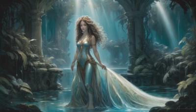 1girl,solo,long hair,breasts,looking at viewer,brown hair,hair ornament,dress,cleavage,bare shoulders,brown eyes,jewelry,medium breasts,standing,closed eyes,flower,outdoors,barefoot,artist name,signature,hair flower,water,necklace,lips,wet,see-through,strapless,blue dress,wavy hair,sunlight,plant,nature,scenery,armlet,wading,forest,curly hair,light rays,skirt hold,sunbeam,pillar,column,closed mouth,collarbone,full body,earrings,parted lips,sleeveless,day,dated,tree,leaf,watermark,wet clothes,strapless dress,realistic,nose,long dress,ruins,statue,arch,moss,overgrown