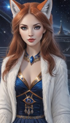 1girl,solo,long hair,breasts,looking at viewer,smile,blue eyes,brown hair,dress,animal ears,cleavage,jewelry,medium breasts,upper body,earrings,sky,necklace,orange hair,lips,coat,animal ear fluff,fur trim,fox ears,makeup,night,blue dress,lipstick,brooch,gem,star (sky),night sky,starry sky,freckles,white coat,red lips,closed mouth,red hair,open clothes,artist name,eyelashes,wavy hair,fox girl,forehead,open coat,realistic