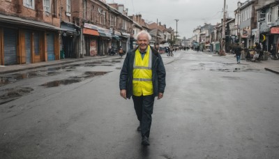 solo,looking at viewer,shirt,long sleeves,1boy,closed mouth,standing,jacket,full body,white hair,male focus,outdoors,open clothes,day,pants,dark skin,black footwear,open jacket,black jacket,facial hair,black pants,dark-skinned male,ground vehicle,building,motor vehicle,clenched hands,walking,yellow shirt,city,realistic,arms at sides,car,road,bald,old,old man,street,photo background,crosswalk,multiple boys,sky,solo focus,scenery,beard,6+boys,power lines,lamppost