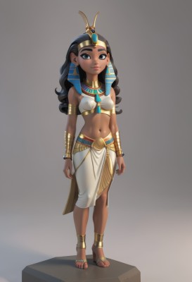 1girl,solo,long hair,breasts,looking at viewer,blue eyes,skirt,black hair,navel,bare shoulders,jewelry,standing,full body,small breasts,midriff,dark skin,grey background,necklace,black eyes,bracelet,dark-skinned female,lips,gradient background,makeup,toes,hair tubes,sandals,white skirt,tiara,aged down,armlet,headpiece,anklet,bracer,egyptian,egyptian clothes,smile,simple background,closed mouth,earrings,stomach,crop top,wavy hair,curly hair,arms at sides,gold