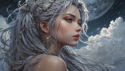 1girl,solo,long hair,blue eyes,hair ornament,bare shoulders,jewelry,braid,grey hair,earrings,parted lips,sky,cloud,from side,lips,eyelashes,looking away,moon,cloudy sky,portrait,star (sky),full moon,freckles,realistic,nose,looking afar,outdoors,grey eyes,night,floating hair,feathers,night sky