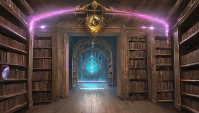 indoors,book,no humans,glowing,scenery,wooden floor,fantasy,bookshelf,magic,light,magic circle,library,ceiling,voile,door,clock