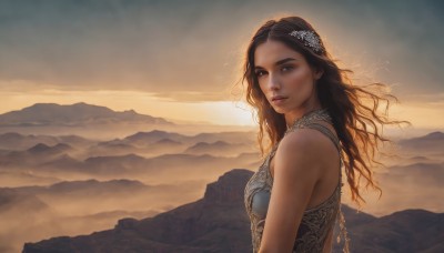 1girl,solo,long hair,breasts,looking at viewer,brown hair,black hair,hair ornament,dress,bare shoulders,brown eyes,jewelry,upper body,outdoors,parted lips,sky,sleeveless,lips,wavy hair,mountain,realistic,nose,mountainous horizon,cloud,necklace,from side,scenery,sunset