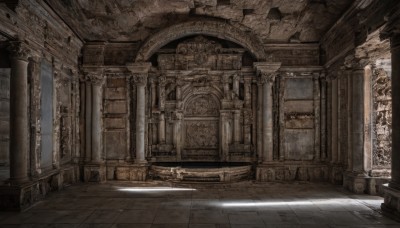 day,indoors,no humans,window,sunlight,scenery,stairs,door,architecture,ruins,pillar,statue,arch,column,sky,sword,light rays,wooden floor,tiles,tile floor,ceiling,hallway,stone floor