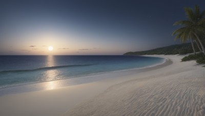 outdoors,sky,cloud,water,tree,no humans,night,ocean,beach,star (sky),night sky,scenery,sunset,sand,palm tree,sun,horizon,waves,shore,sunrise,bird,nature,reflection,island