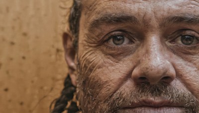 solo,looking at viewer,black hair,1boy,brown eyes,braid,male focus,artist name,blurry,symbol-shaped pupils,facial hair,thick eyebrows,portrait,beard,close-up,realistic,old,old man,eye focus,wrinkled skin,blurry background,scar,manly