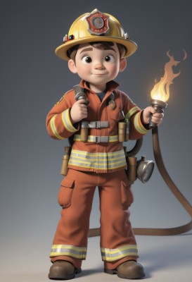 solo,looking at viewer,smile,short hair,simple background,brown hair,1boy,hat,holding,brown eyes,closed mouth,standing,jacket,full body,male focus,shoes,pants,grey background,black eyes,gradient background,brown footwear,helmet,fire,child,male child,flashlight,orange pants,hardhat,shirt,black hair,long sleeves,thick eyebrows,realistic,torch