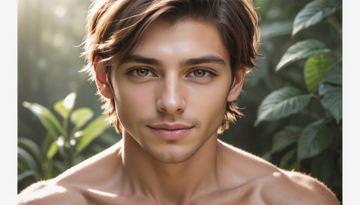 solo,looking at viewer,smile,short hair,brown hair,1boy,brown eyes,closed mouth,collarbone,male focus,blurry,lips,blurry background,facial hair,leaf,plant,portrait,beard,freckles,realistic,nose,stubble,upper body,outdoors,day,depth of field,sunlight,nature,close-up,topless male