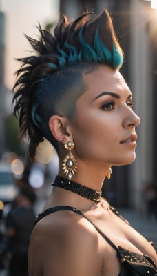 1girl,solo,breasts,short hair,black hair,dress,cleavage,bare shoulders,brown eyes,jewelry,medium breasts,blue hair,upper body,multicolored hair,earrings,parted lips,teeth,solo focus,choker,blurry,black eyes,from side,two-tone hair,lips,eyelashes,blurry background,black choker,freckles,realistic,nose,underwear,bra,depth of field,piercing,sunlight,black bra,ear piercing,mohawk,nose piercing,eyebrow piercing