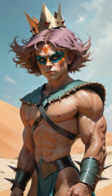 solo,looking at viewer,short hair,1boy,navel,jewelry,closed mouth,nipples,standing,pink hair,purple hair,male focus,cowboy shot,outdoors,sky,day,artist name,dark skin,bracelet,blue sky,lips,mask,muscular,facial mark,abs,crown,pectorals,muscular male,wind,pelvic curtain,spikes,clenched hands,veins,topless male,realistic,sand,bare pectorals,spiked bracelet,harness,loincloth,biceps,chest harness,desert,veiny arms,bangs,collarbone,shiny,belt,cloud,signature,cape,clenched hand,facepaint