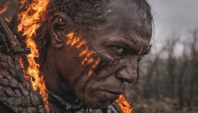 solo,looking at viewer,short hair,black hair,1boy,holding,closed mouth,weapon,male focus,outdoors,sword,dark skin,holding weapon,armor,blurry,black eyes,tree,blurry background,scar,dark-skinned male,fire,portrait,close-up,realistic,burning,hood,collar,orange eyes,grey eyes,glowing,facial hair,beard,spikes,spiked collar