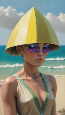 1girl,solo,breasts,looking at viewer,short hair,blue eyes,hat,dress,cleavage,bare shoulders,jewelry,medium breasts,closed mouth,collarbone,upper body,earrings,small breasts,outdoors,sky,sleeveless,day,cloud,dark skin,water,covered nipples,dark-skinned female,blue sky,lips,no bra,ocean,watermark,beach,sunglasses,web address,realistic,nose,stud earrings,summer,tinted eyewear,blue-tinted eyewear,blush,black hair,swimsuit,sun hat