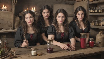 long hair,breasts,looking at viewer,multiple girls,brown hair,black hair,cleavage,brown eyes,medium breasts,sitting,short sleeves,food,puffy sleeves,indoors,puffy short sleeves,lips,grey eyes,4girls,wavy hair,table,bottle,curly hair,realistic,candle,coin,jar,holding,closed mouth,braid,horns,single horn,fantasy