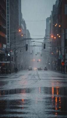 outdoors,sky,cloud,water,no humans,cloudy sky,ground vehicle,building,scenery,motor vehicle,reflection,rain,city,sign,car,road,cityscape,power lines,lamppost,street,skyscraper,utility pole,road sign,puddle,fog,grey sky,traffic light,neon lights,crosswalk,window,bridge