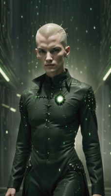 1girl,solo,looking at viewer,short hair,blonde hair,long sleeves,1boy,jewelry,closed mouth,standing,male focus,cowboy shot,earrings,artist name,blurry,lips,bodysuit,skin tight,science fiction,realistic,nose,arms at sides,black bodysuit,bald,very short hair,blue eyes,white hair,dark skin,nail polish,covered nipples,piercing,zipper,mohawk,cyberpunk